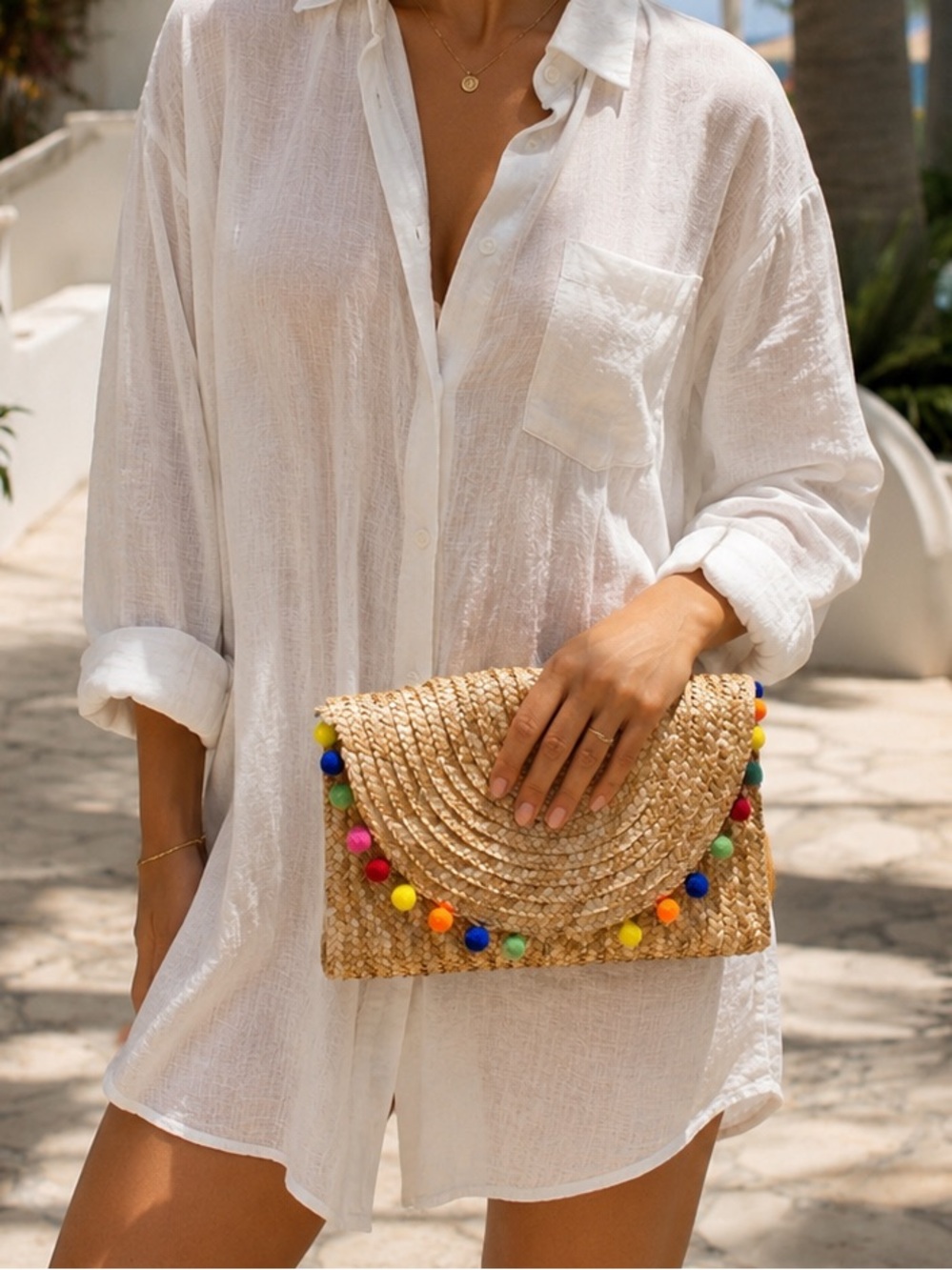 Women’s Woven Rattan Clutch Bag with Colorful Accents